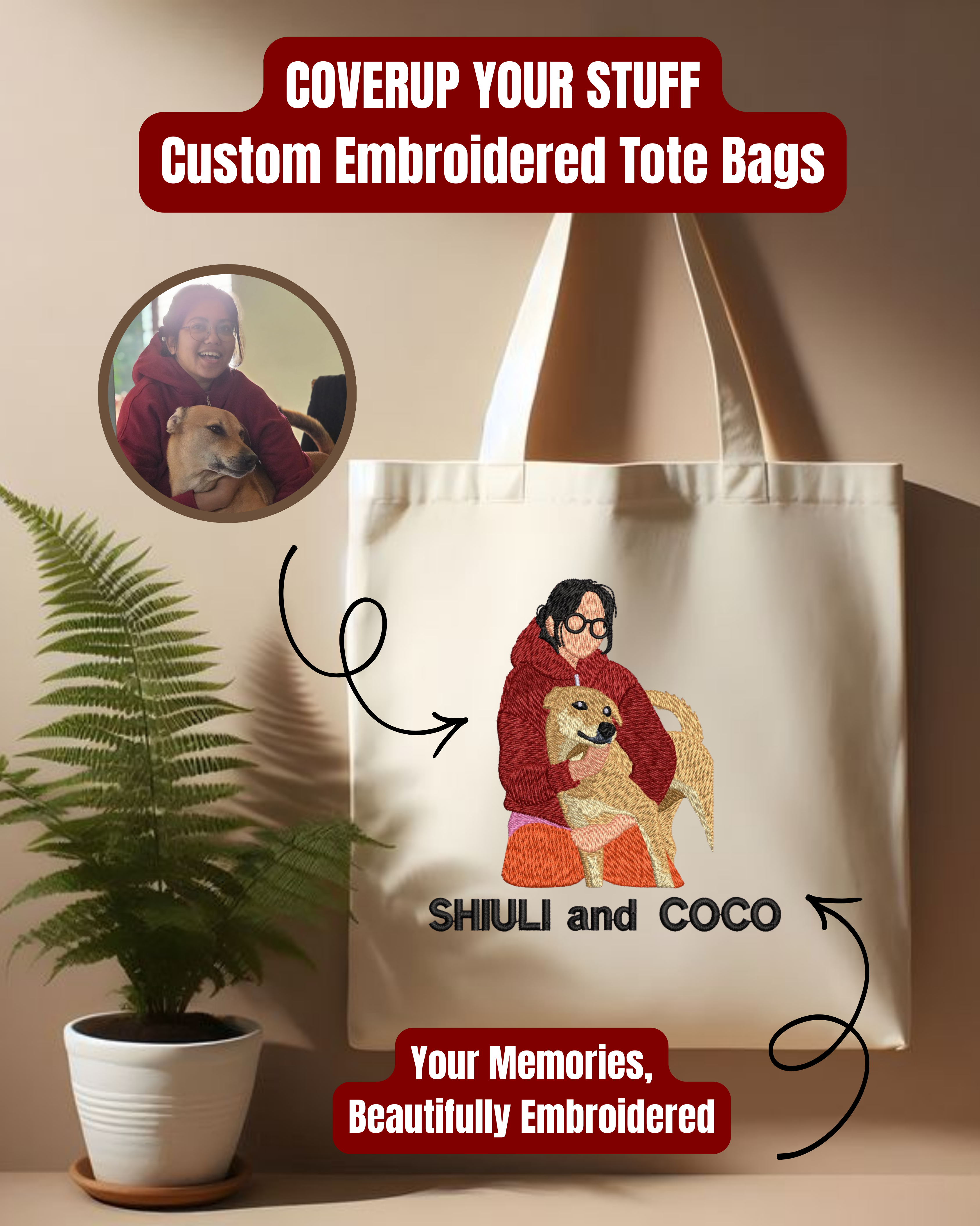 Custom Photo Embroidered Tote Bag – Personalized from Your Photo 👜🧵